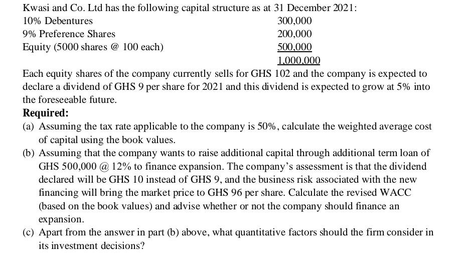Kwasi and Co. Ltd has the following capital structure as at 31 December 2021: 10% Debentures 9% Preference