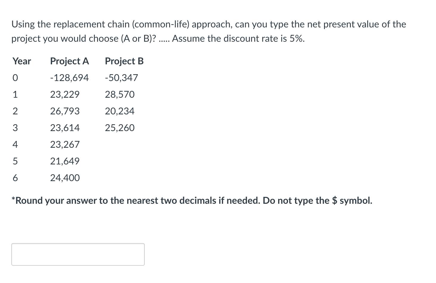 Using the replacement chain (common-life) approach, can you type the net present value of the project you