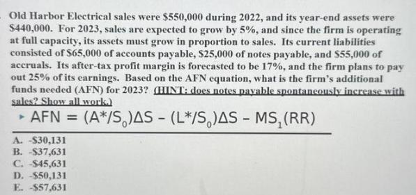 Old Harbor Electrical sales were $550,000 during 2022, and its year-end assets were $440,000. For 2023, sales
