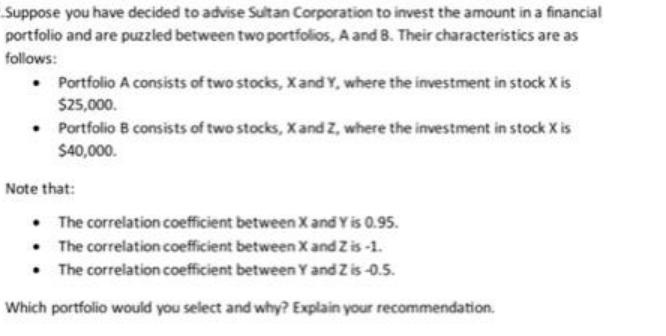 Suppose you have decided to advise Sultan Corporation to invest the amount in a financial portfolio and are