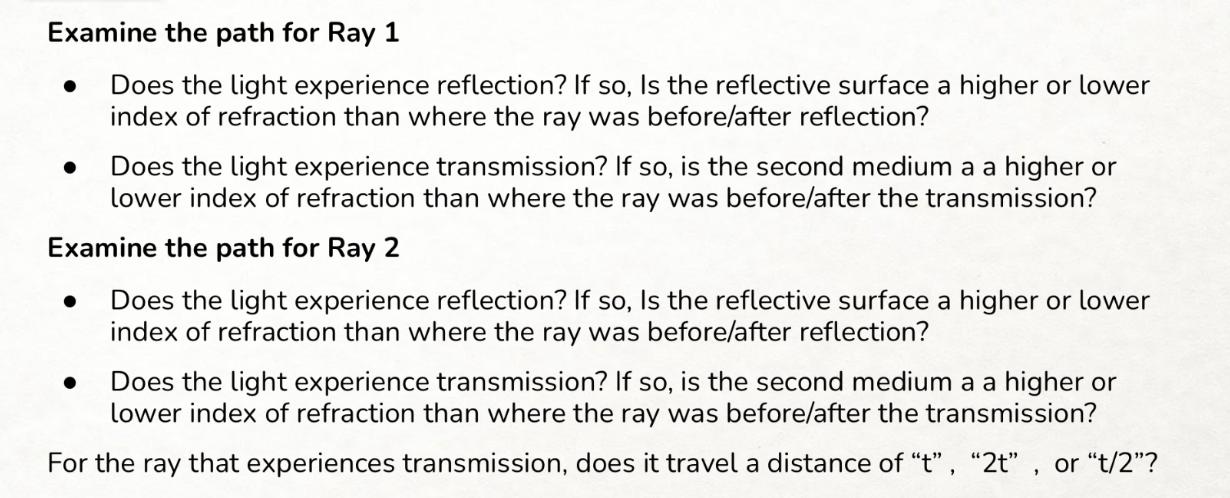 Examine the path for Ray 1 Does the light experience reflection? If so, Is the reflective surface a higher or