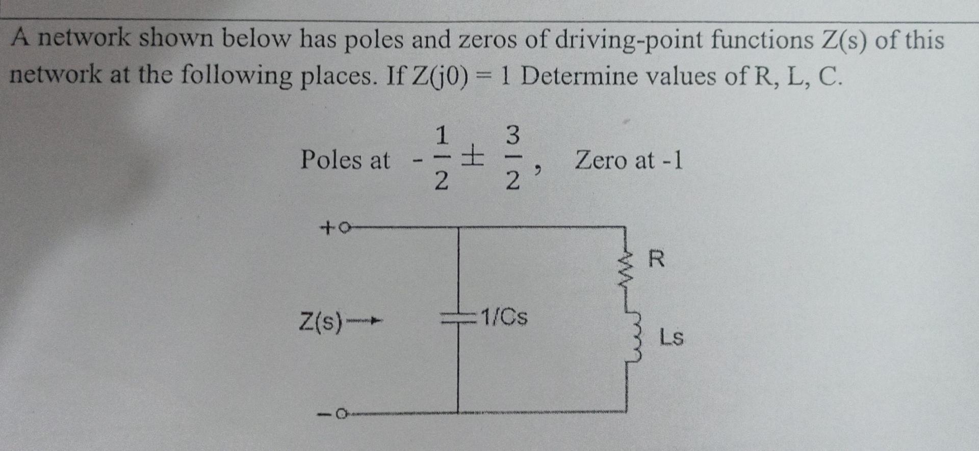 A network shown below has poles and zeros of driving-point functions Z(s) of this network at the following