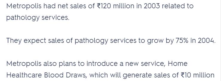 Metropolis had net sales of 120 million in 2003 related to pathology services. They expect sales of pathology