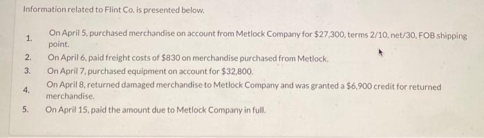 Information related to Flint Co. is presented below. On April 5, purchased merchandise on account from