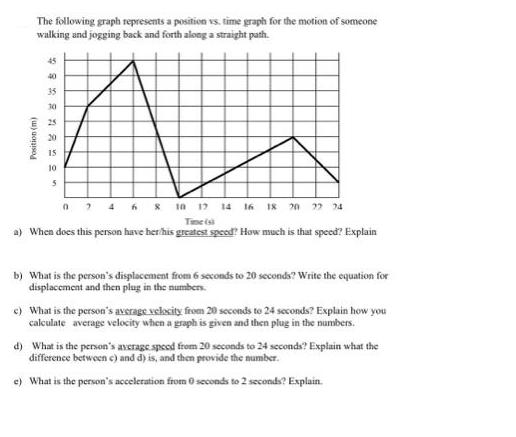 The following graph represents a position vs. time graph for the motion of someone walking and jogging back