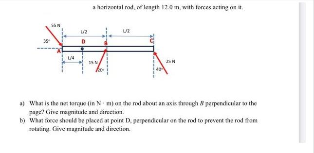 35 55 N L/4 a horizontal rod, of length 12.0 m, with forces acting on it. L/2 D L/2 A 15 N /20 40 25 N a)