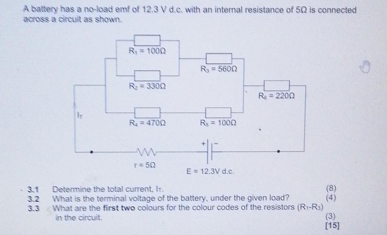 A battery has a no-load emf of 12.3 V d.c. with an internal resistance of 50 is connected across a circuit as
