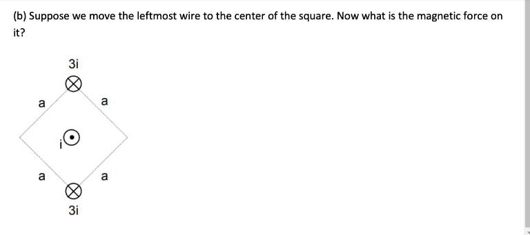 (b) Suppose we move the leftmost wire to the center of the square. Now what is the magnetic force on it? a a