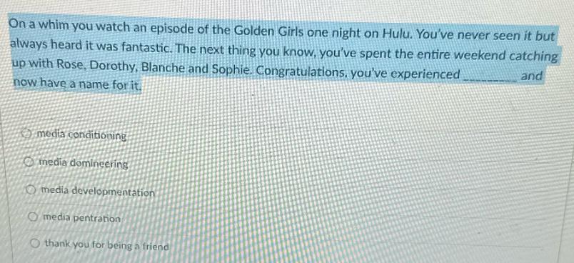 On a whim you watch an episode of the Golden Girls one night on Hulu. You've never seen it but always heard