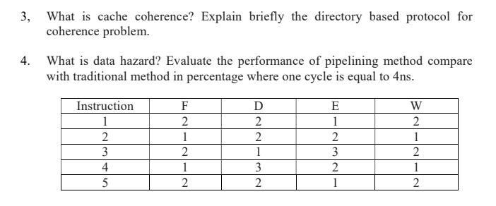 3, What is cache coherence? Explain briefly the directory based protocol for coherence problem. 4. What is