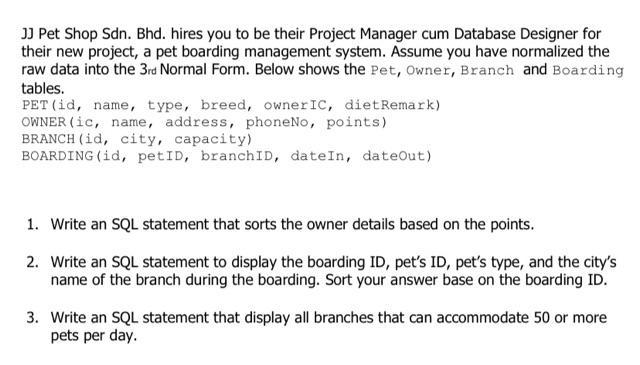 JJ Pet Shop Sdn. Bhd. hires you to be their Project Manager cum Database Designer for their new project, a