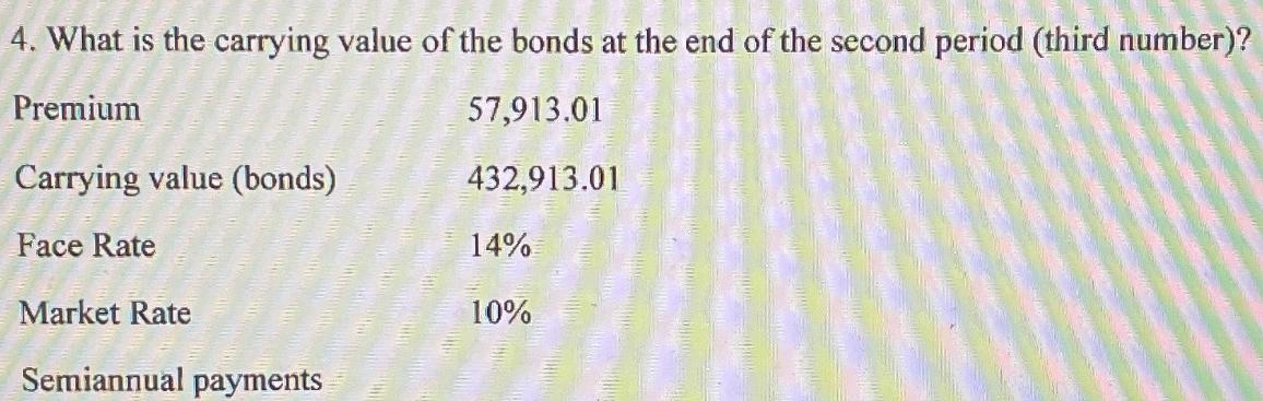 4. What is the carrying value of the bonds at the end of the second period (third number)? Premium 57,913.01
