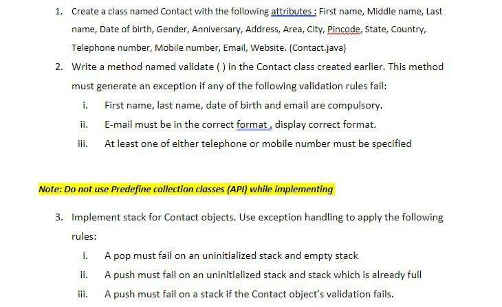 1. Create a class named Contact with the following attributes: First name, Middle name, Last name, Date of