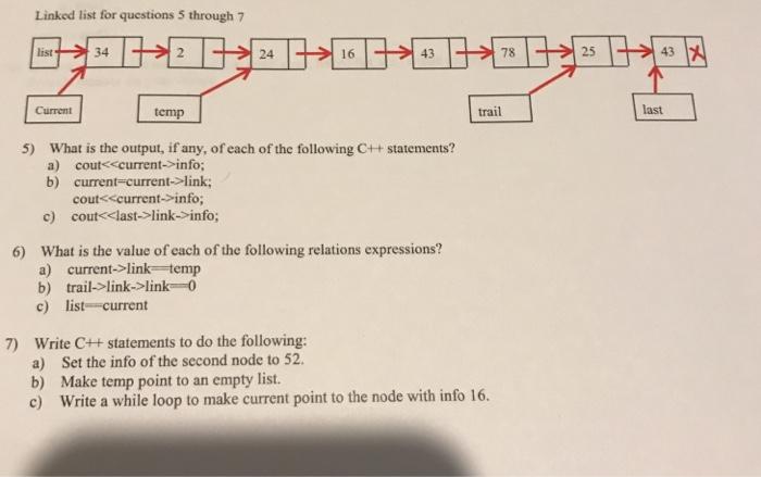 Linked list for questions 5 through 7 list- Current 34 2017] 24 16 HY temp 5) What is the output, if any, of