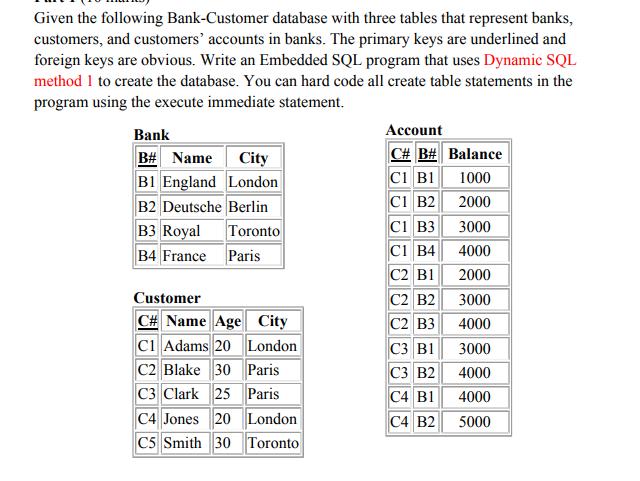 Given the following Bank-Customer database with three tables that represent banks, customers, and customers'