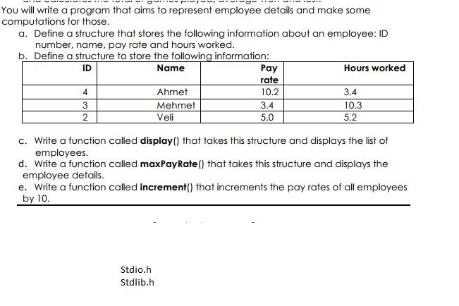 You will write a program that aims to represent employee details and make some computations for those. a.