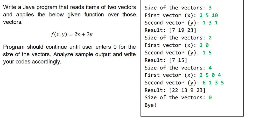 Write a Java program that reads items of two vectors and applies the below given function over those vectors.