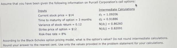Assume that you have been given the following information on Purcell Corporation's call options: Inputs