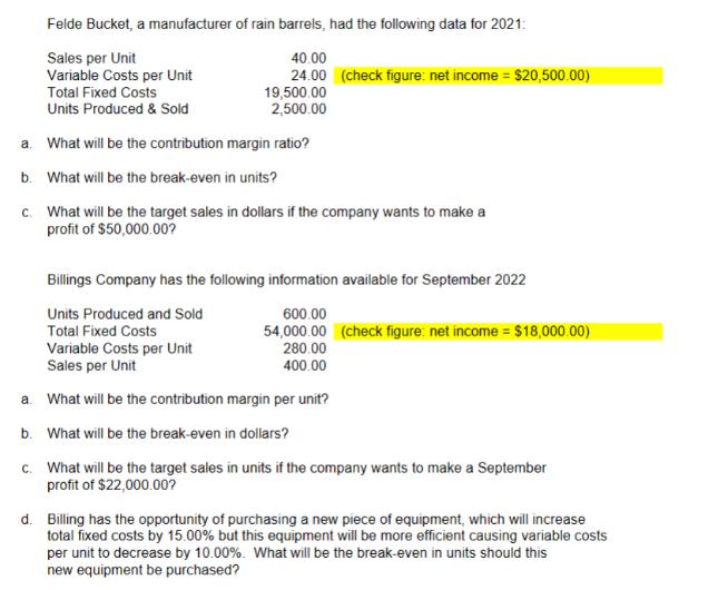 Felde Bucket, a manufacturer of rain barrels, had the following data for 2021: Sales per Unit 40.00 Variable