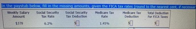 In the paystub below, fill in the missing amounts, given the FICA tax rates (round to the nearest cent, if