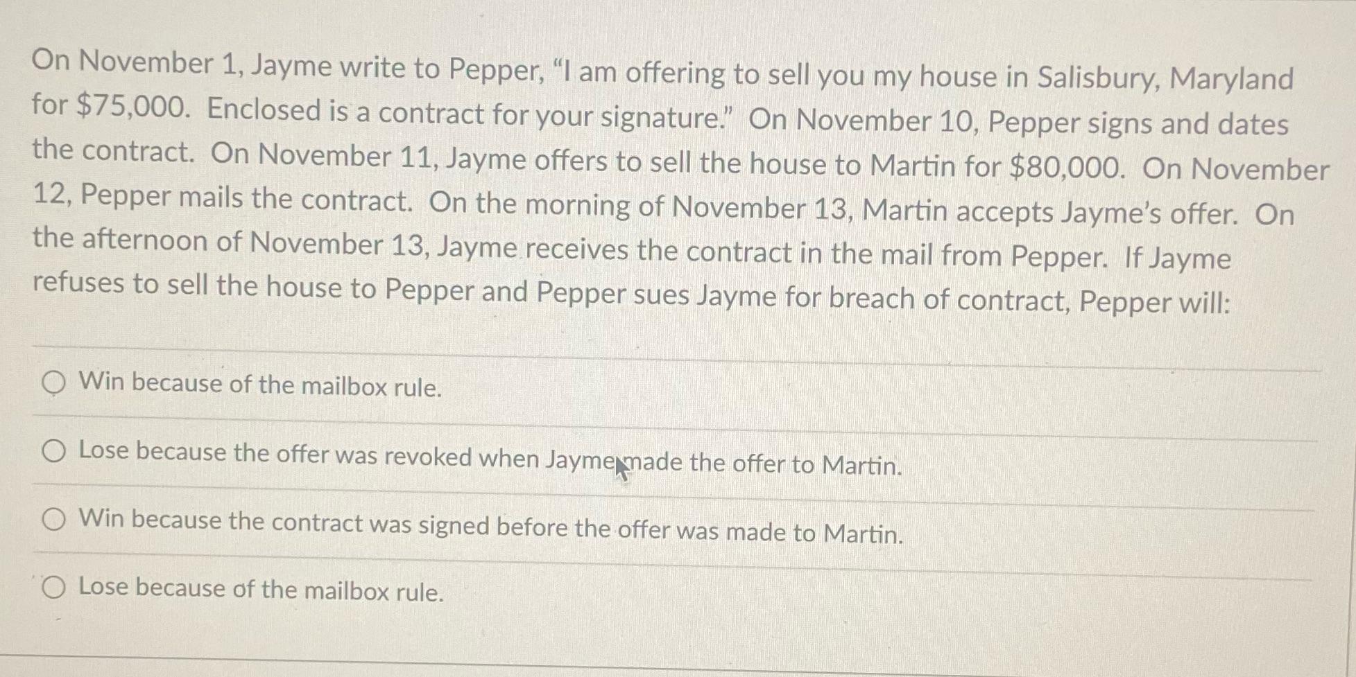 On November 1, Jayme write to Pepper, 