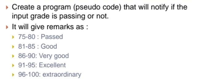 Create a program (pseudo code) that will notify if the input grade is passing or not.  It will give remarks
