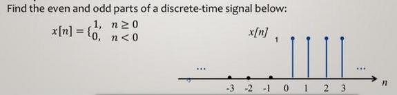 Find the even and odd parts of a discrete-time signal below: 1, n 20 x[n] = {0, n <0 x[n] 1 -3 -2 -1 0 1 2 3