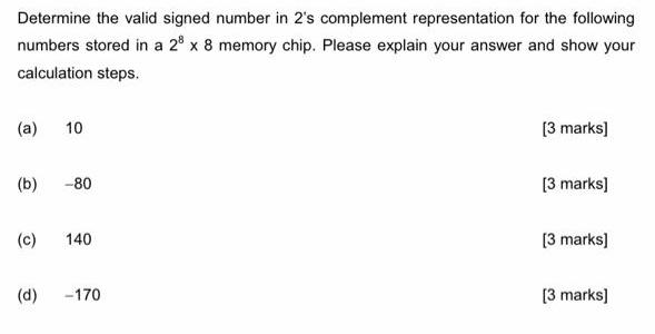 Determine the valid signed number in 2's complement representation for the following numbers stored in a 28 x