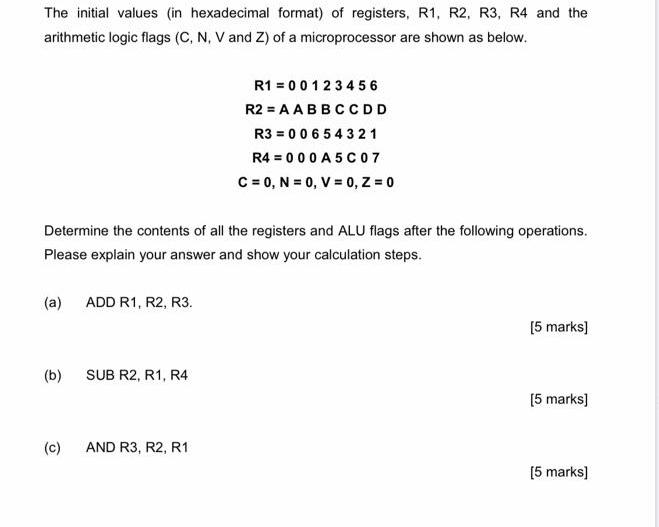The initial values (in hexadecimal format) of registers, R1, R2, R3, R4 and the arithmetic logic flags (C, N,