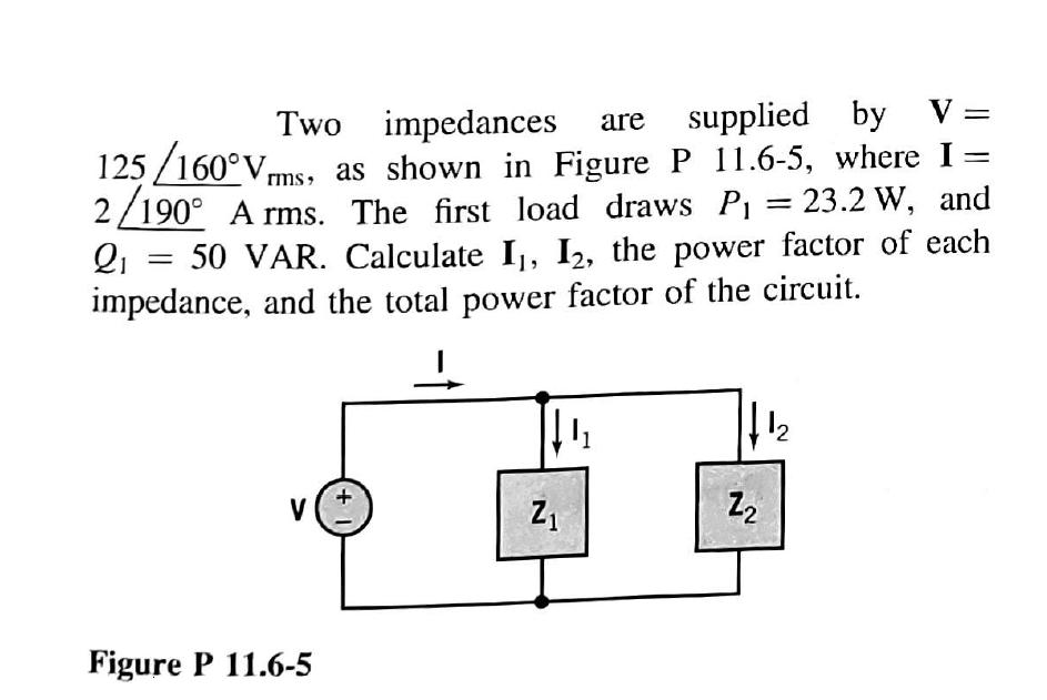 supplied by V Two impedances are 125/160Vms, as shown in Figure as shown in Figure P 11.6-5, where I = 2/190