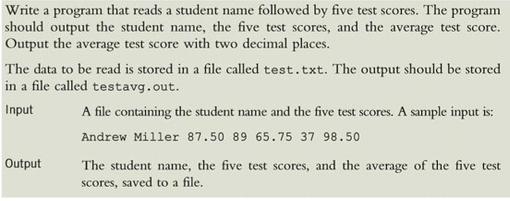 Write a program that reads a student name followed by five test scores. The program should output the student