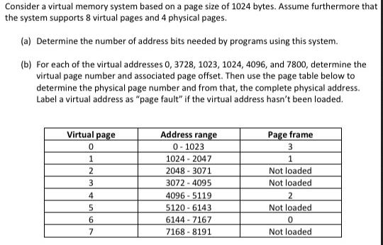 Consider a virtual memory system based on a page size of 1024 bytes. Assume furthermore that the system