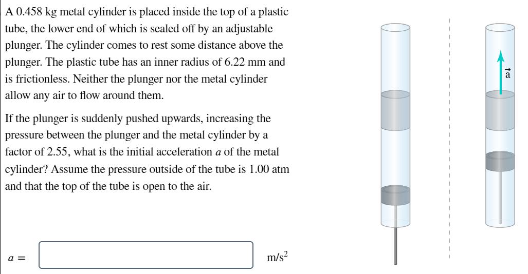 A 0.458 kg metal cylinder is placed inside the top of a plastic tube, the lower end of which is sealed off by