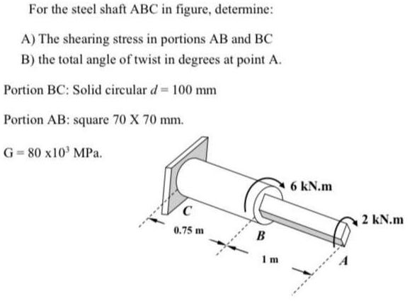 For the steel shaft ABC in figure, determine: A) The shearing stress in portions AB and BC B) the total angle