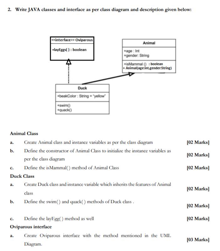2. Write JAVA classes and interface as per class diagram and description given below: Animal Class a. b. C.