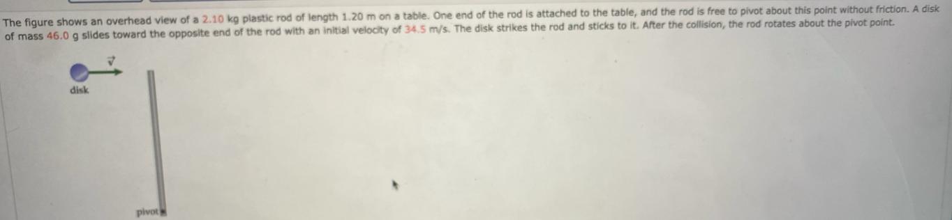 The figure shows an overhead view of a 2.10 kg plastic rod of length 1.20 m on a table. One end of the rod is