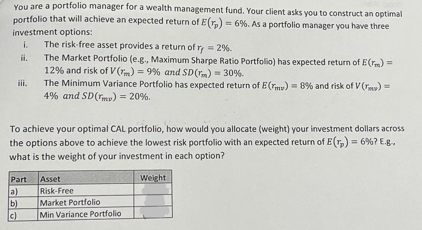 You are a portfolio manager for a wealth management fund. Your client asks you to construct an optimal