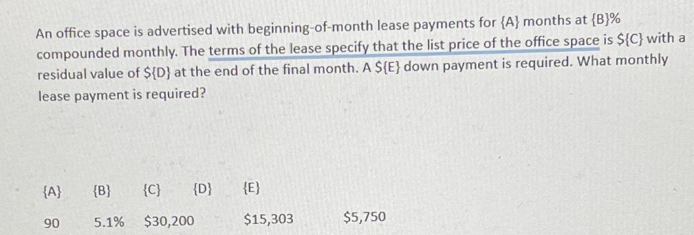An office space is advertised with beginning-of-month lease payments for {A} months at {B}% compounded