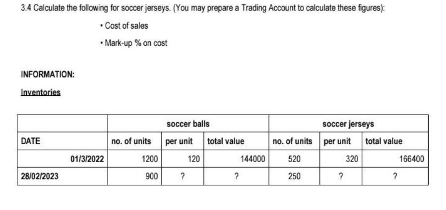 3.4 Calculate the following for soccer jerseys. (You may prepare a Trading Account to calculate these
