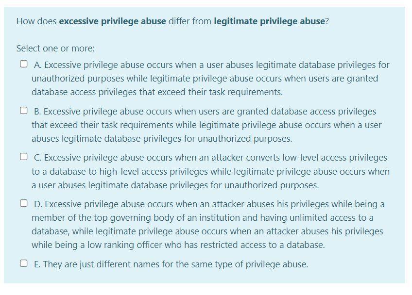How does excessive privilege abuse differ from legitimate privilege abuse? Select one or more: O A. Excessive