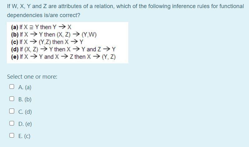 If W, X, Y and Z are attributes of a relation, which of the following inference rules for functional