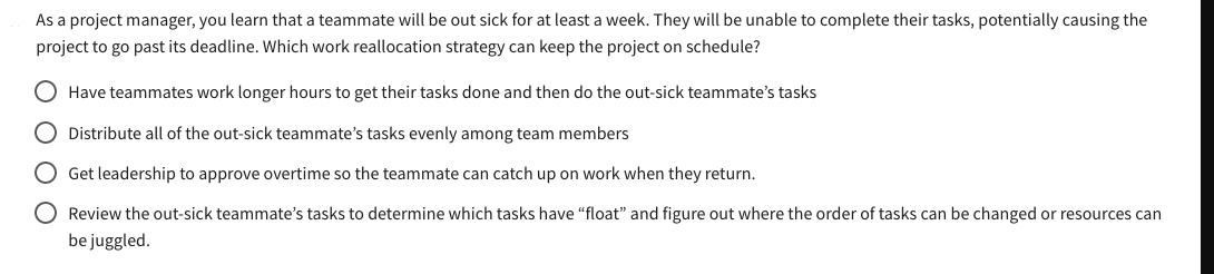 As a project manager, you learn that a teammate will be out sick for at least a week. They will be unable to