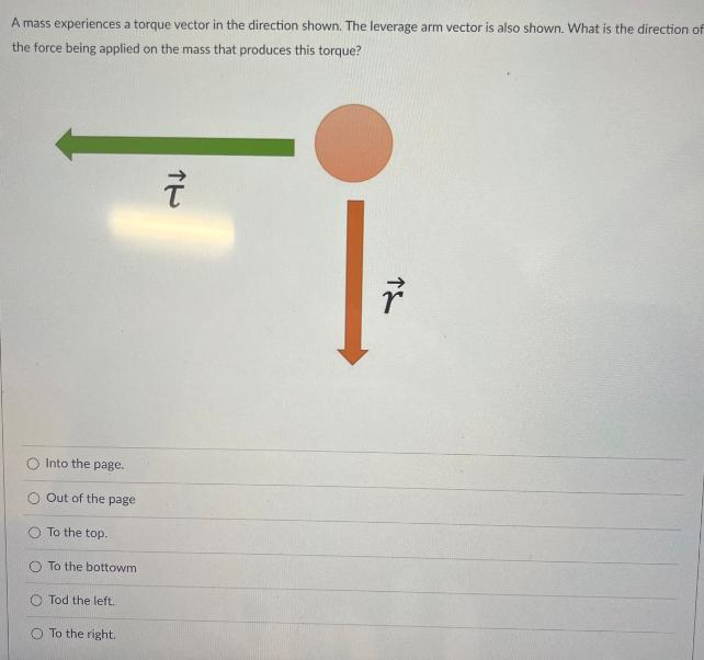 A mass experiences a torque vector in the direction shown. The leverage arm vector is also shown. What is the