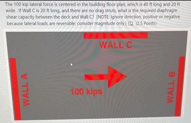 The 100 kip lateral force is centered in the building floor plan, which is 40 ft long and 20 ft wide. If Wall