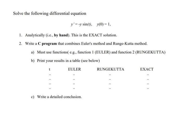 Solve the following differential equation y'= -y sin(t), y(0) = 1, 1. Analytically (i.e., by hand). This is