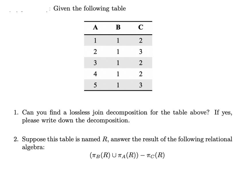 Given the following table A 1 2 3 4 5 B 1 1 1 1 1 C 2 3 223 3 1. Can you find a lossless join decomposition
