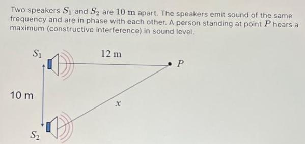Two speakers S and S are 10 m apart. The speakers emit sound of the same frequency and are in phase with each