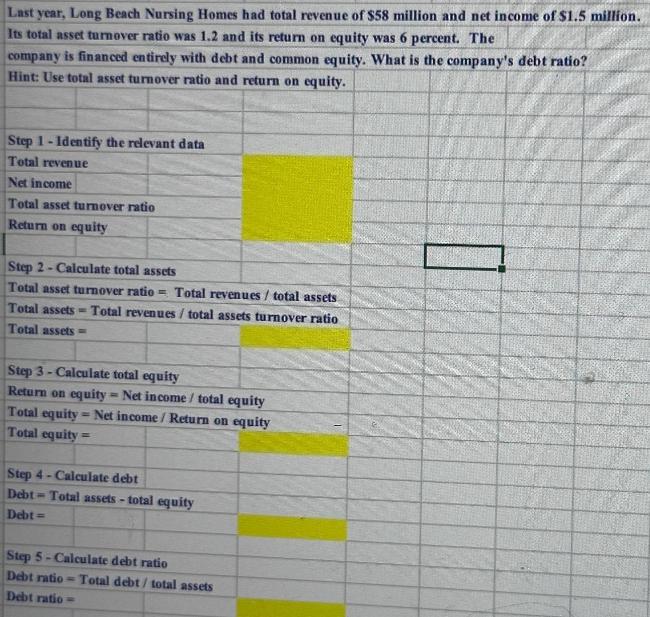 Last year, Long Beach Nursing Homes had total revenue of $58 million and net income of $1.5 million. Its