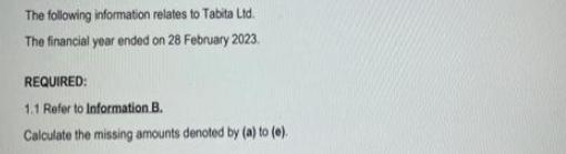 The following information relates to Tabita Ltd. The financial year ended on 28 February 2023. REQUIRED: 1.1