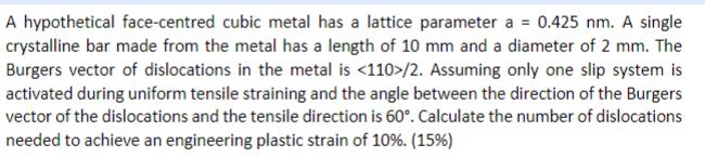 A hypothetical face-centred cubic metal has a lattice parameter a = 0.425 nm. A single crystalline bar made
